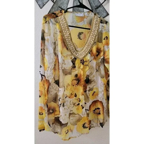 Susan Graver Womens Yellow floral Business Pearl Blouse Size XS. - Picture 3 of 11
